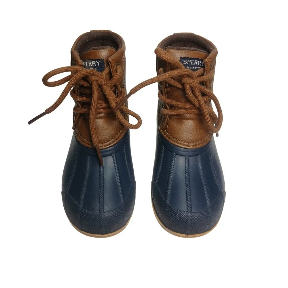 Sperry Port Duck Boots Kids Size 9M Navy Blue Brown All-Weather Lace Up